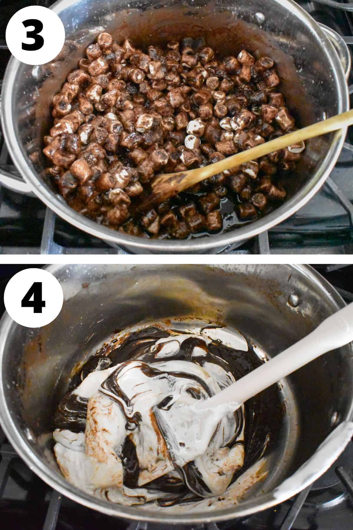marshmallows and marshmallow cream being added to butter in pot.