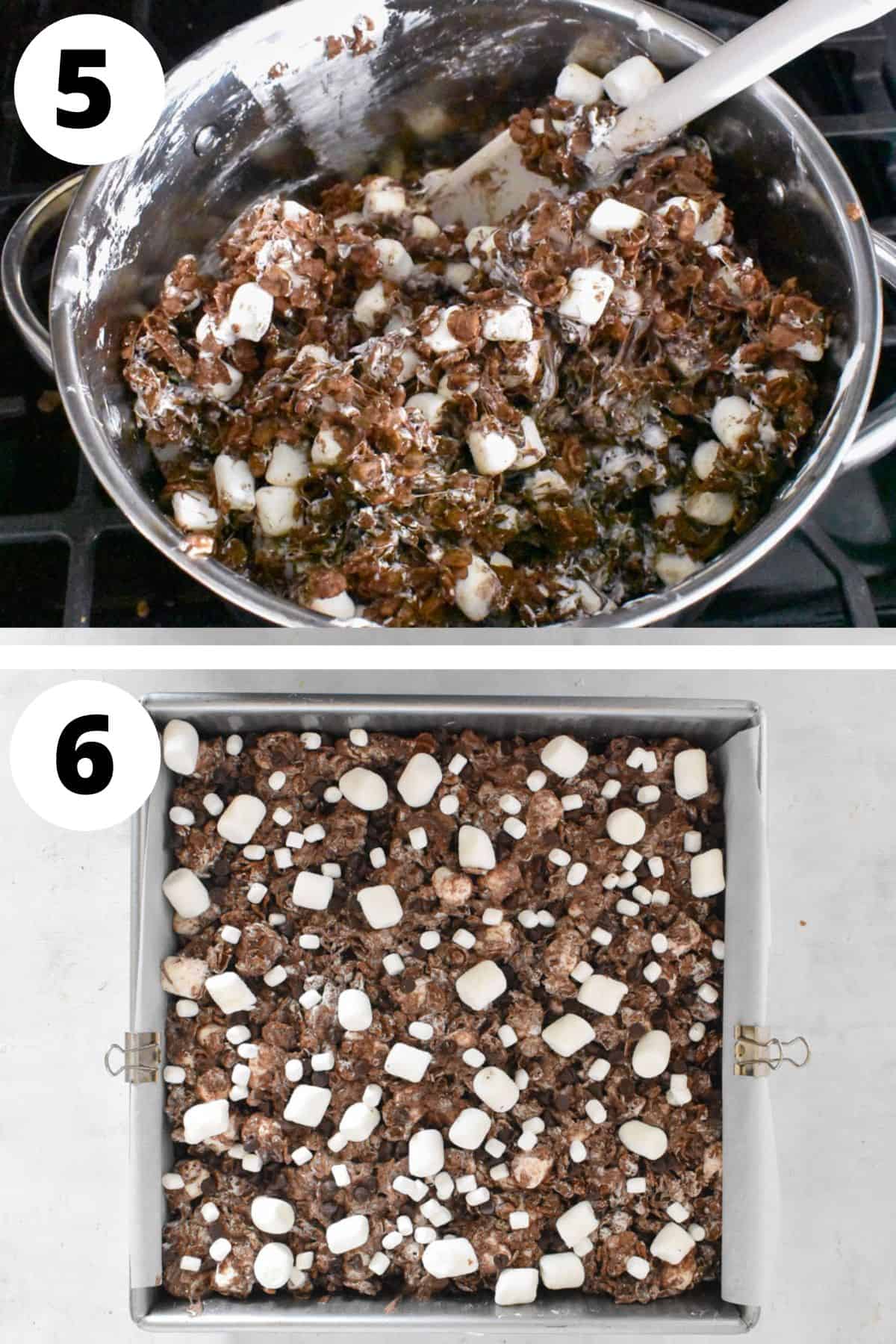 cocoa krispies cereal added to marshmallow mixture before being pressed into pan.