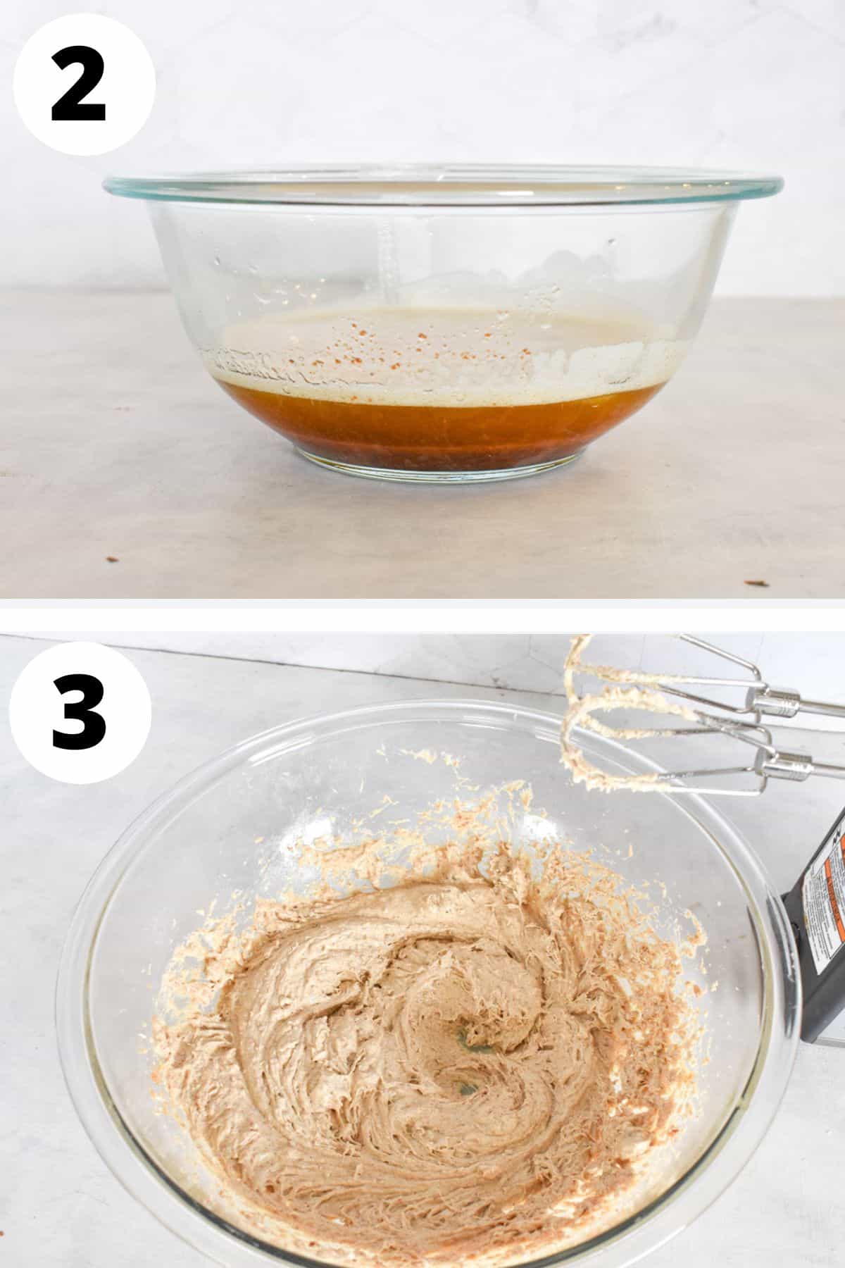 brown butter in bowl before being creamed with sugars.
