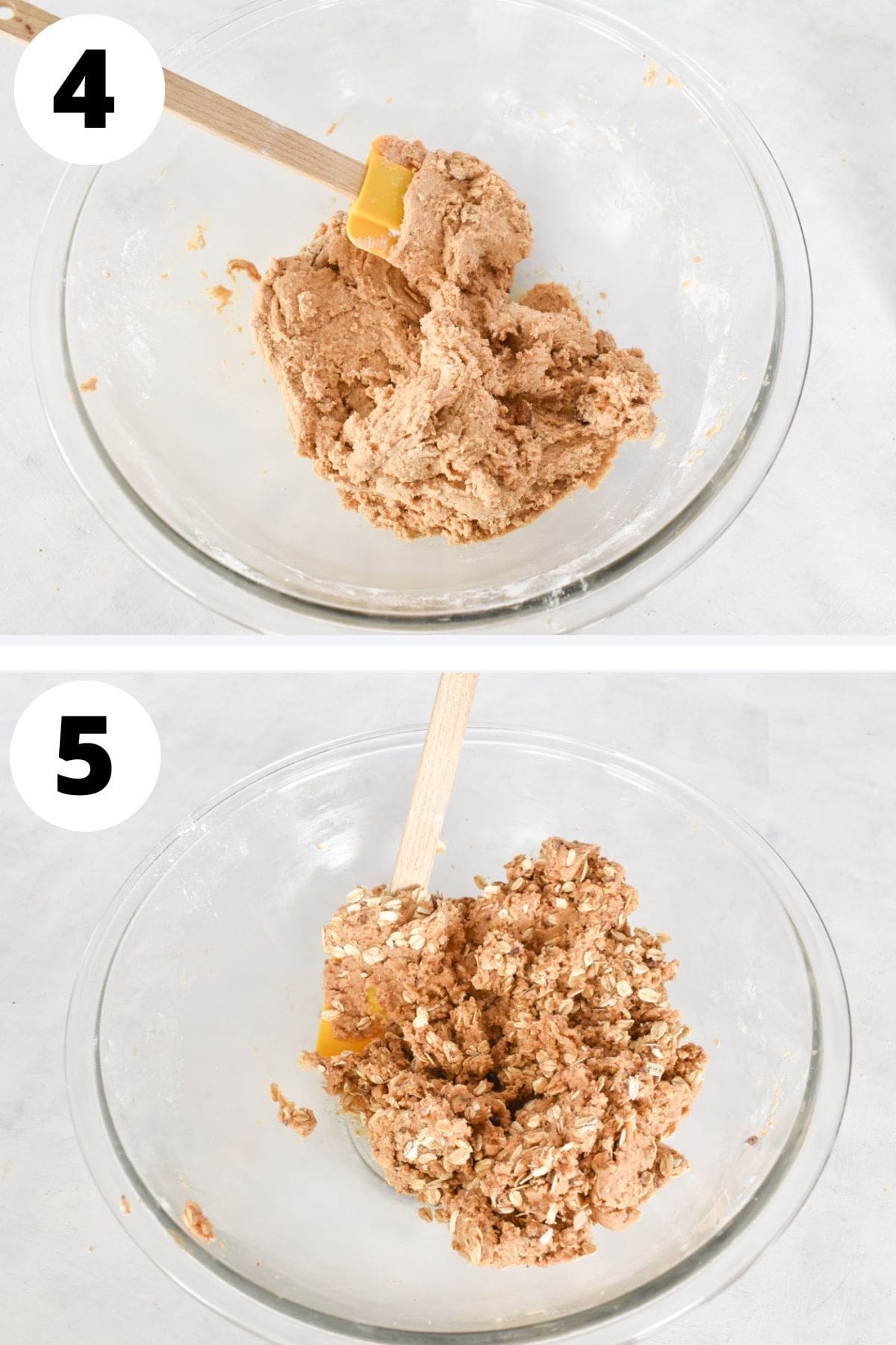 cookie dough being mixed with dry ingredients in mixing bowl.