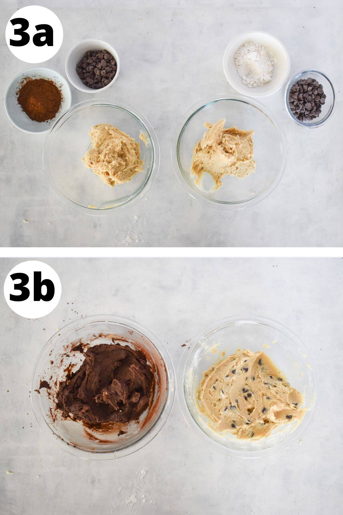 dough divided into two bowls before additional ingredients are added.