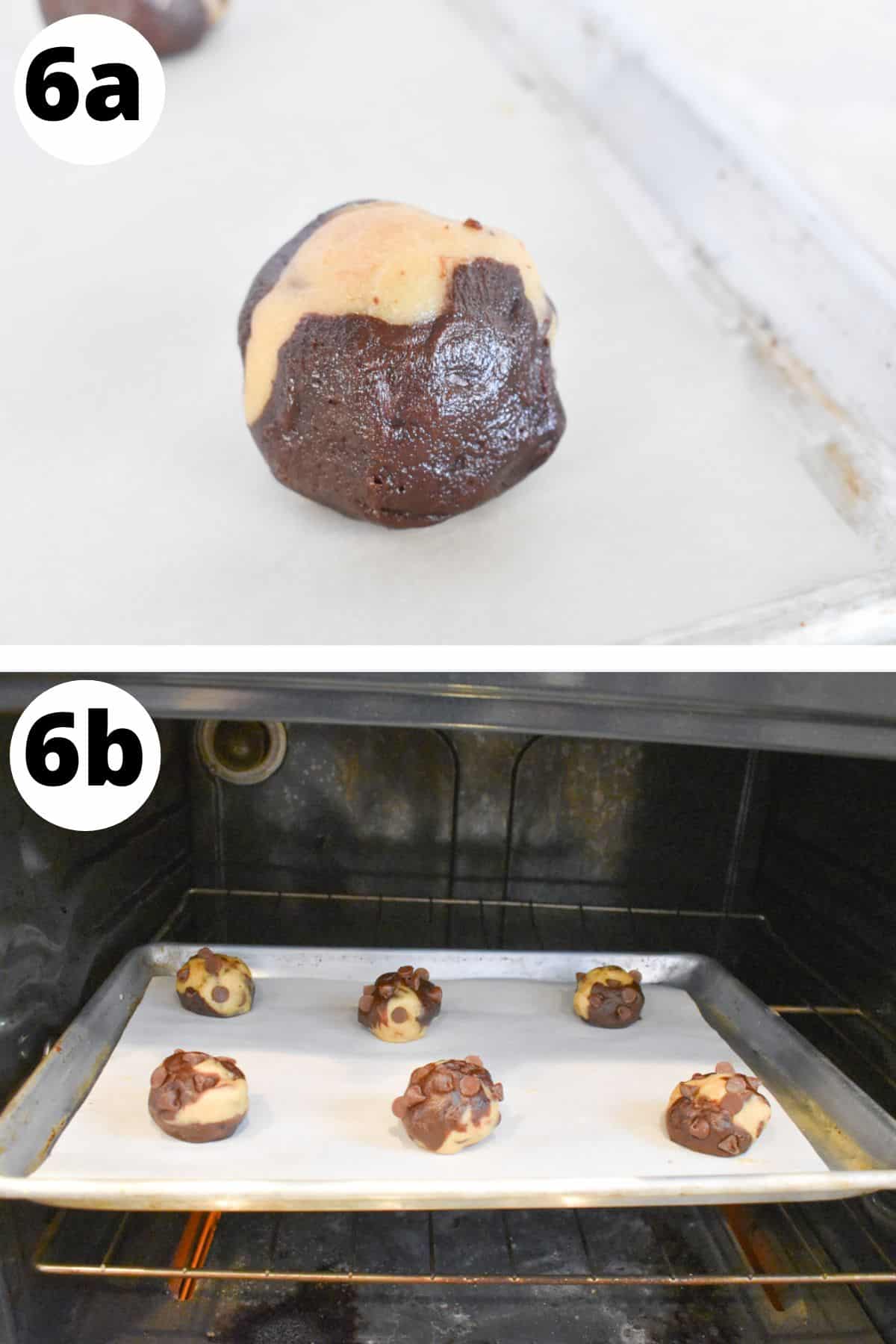 marble cookie dough balls on baking sheet.