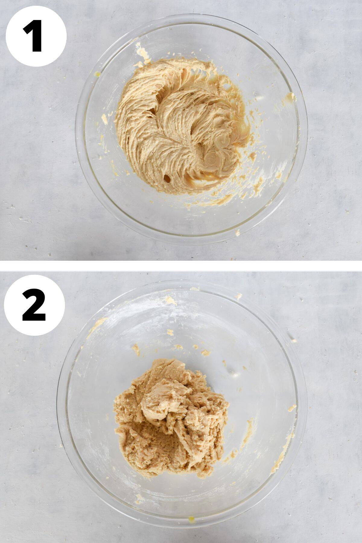 butter and sugar creamed together before dry ingredients are added in glass mixing bowl.
