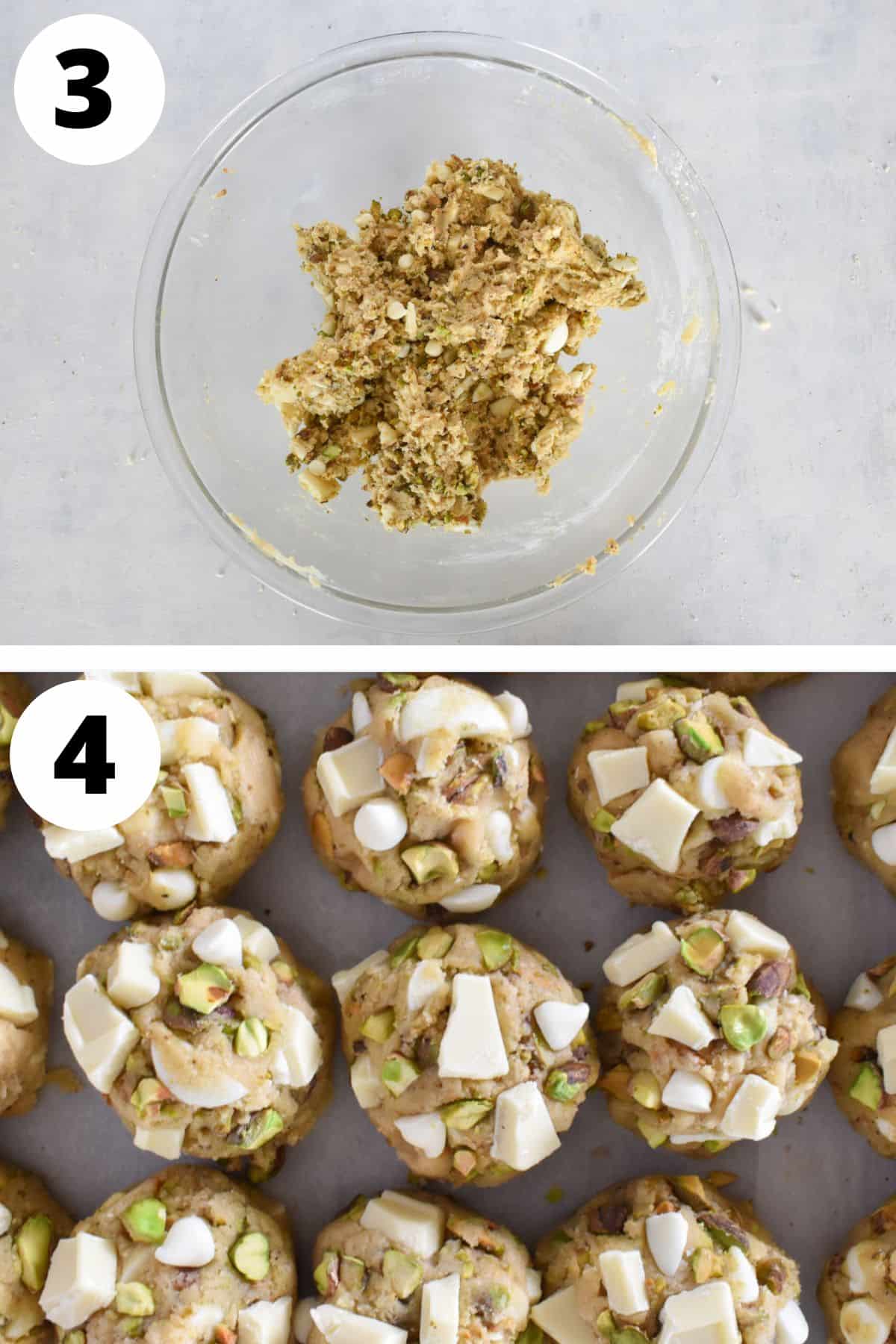 white chocolate pistachio cookie dough mixed and shaped into balls