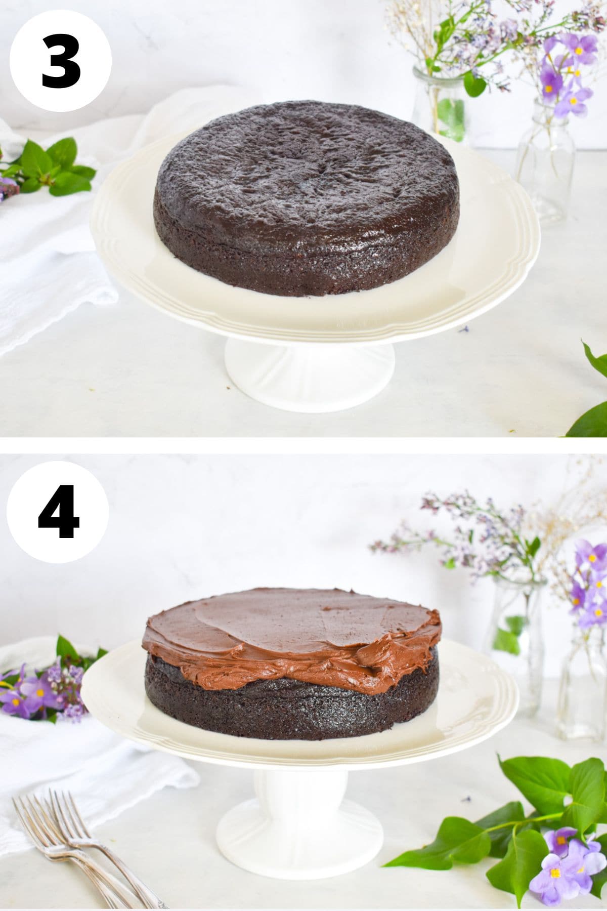 chocolate cake on white cake stand with frosting being spread over first layer.