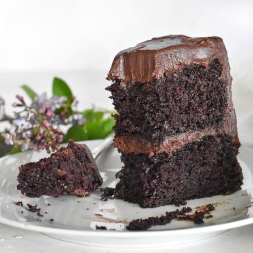 upright slice of cake with bite out of it.