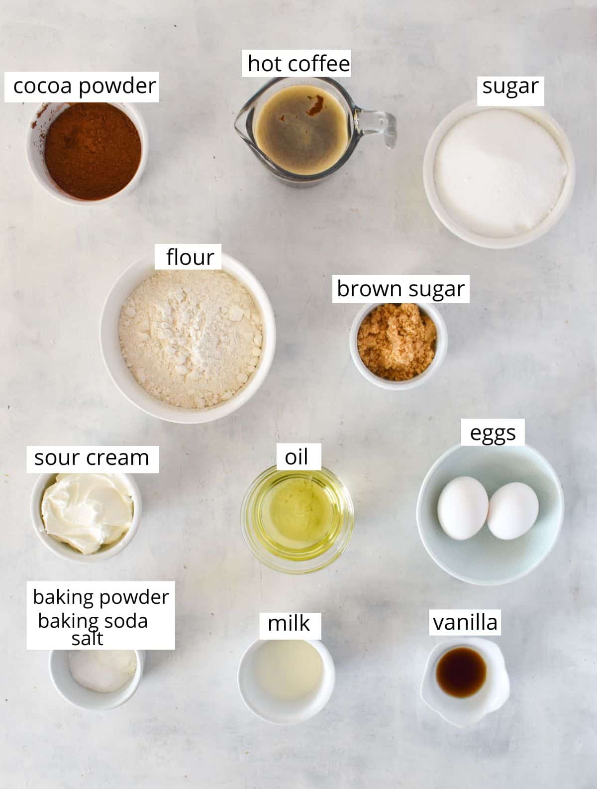 chocolate cake ingredients laid out.