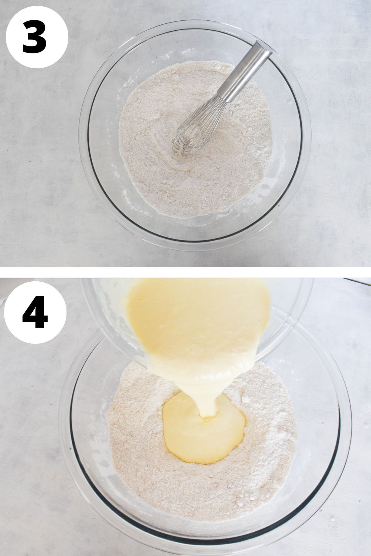 dry ingredients mixed together before having wet ingredients added in.