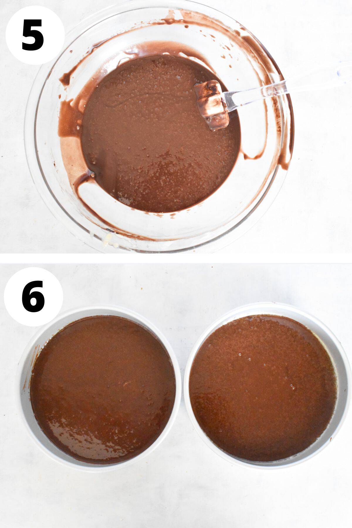 chocolate cake batter divided into two cake pans.
