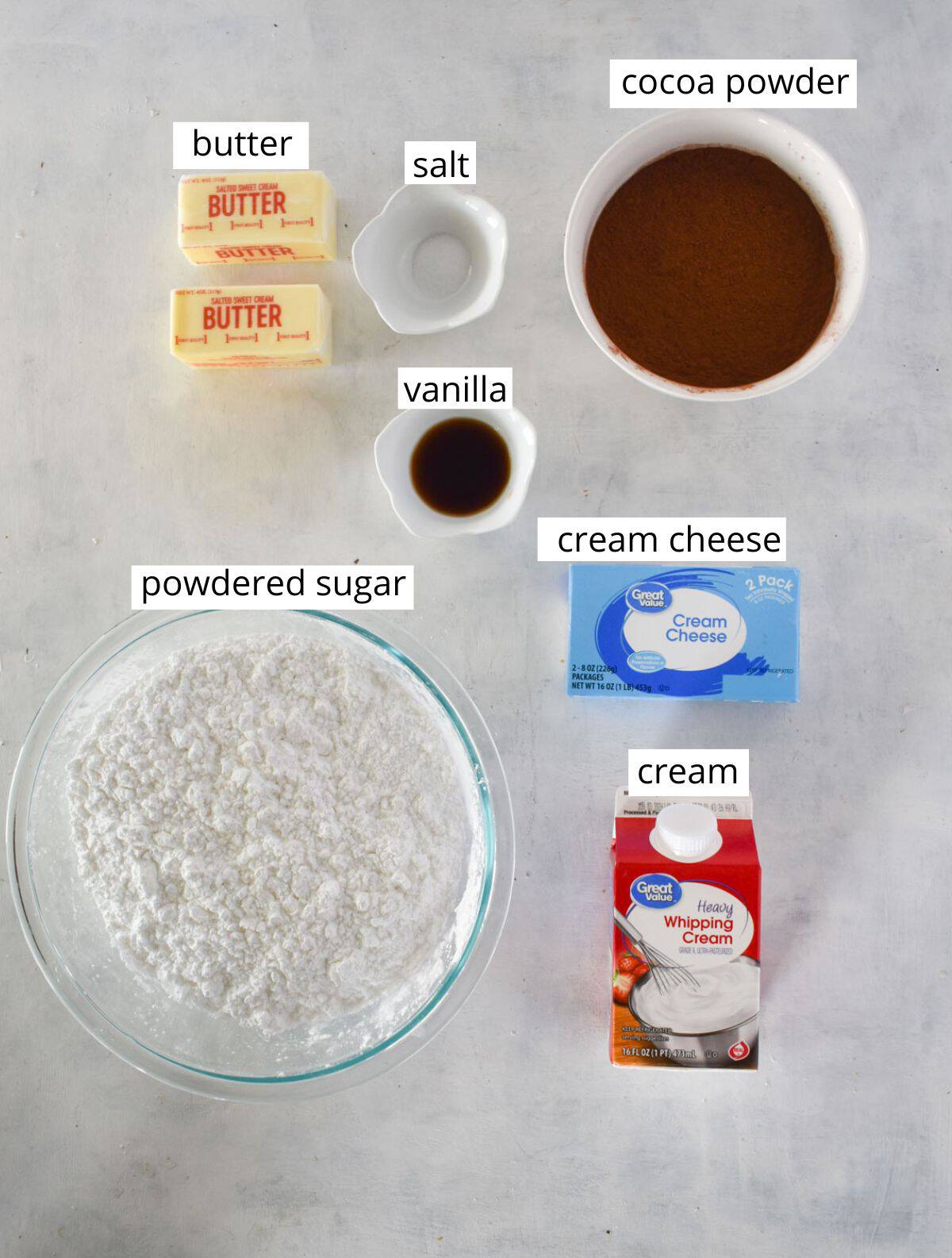 chocolate cream cheese frosting ingredients laid out and labeled.