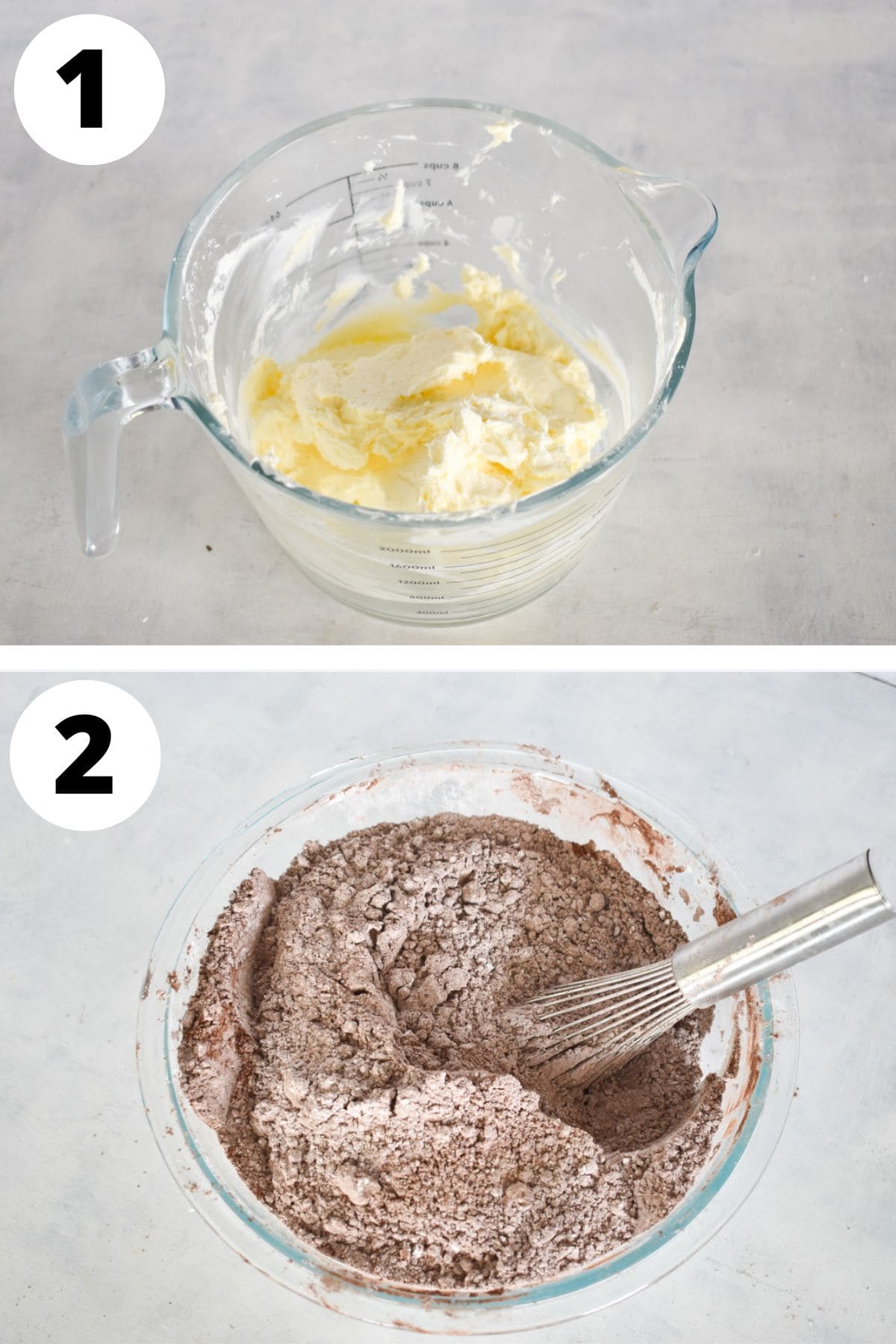 butter and cream cheese mixed in one bowl and dry ingredients mixed in separate bowl.