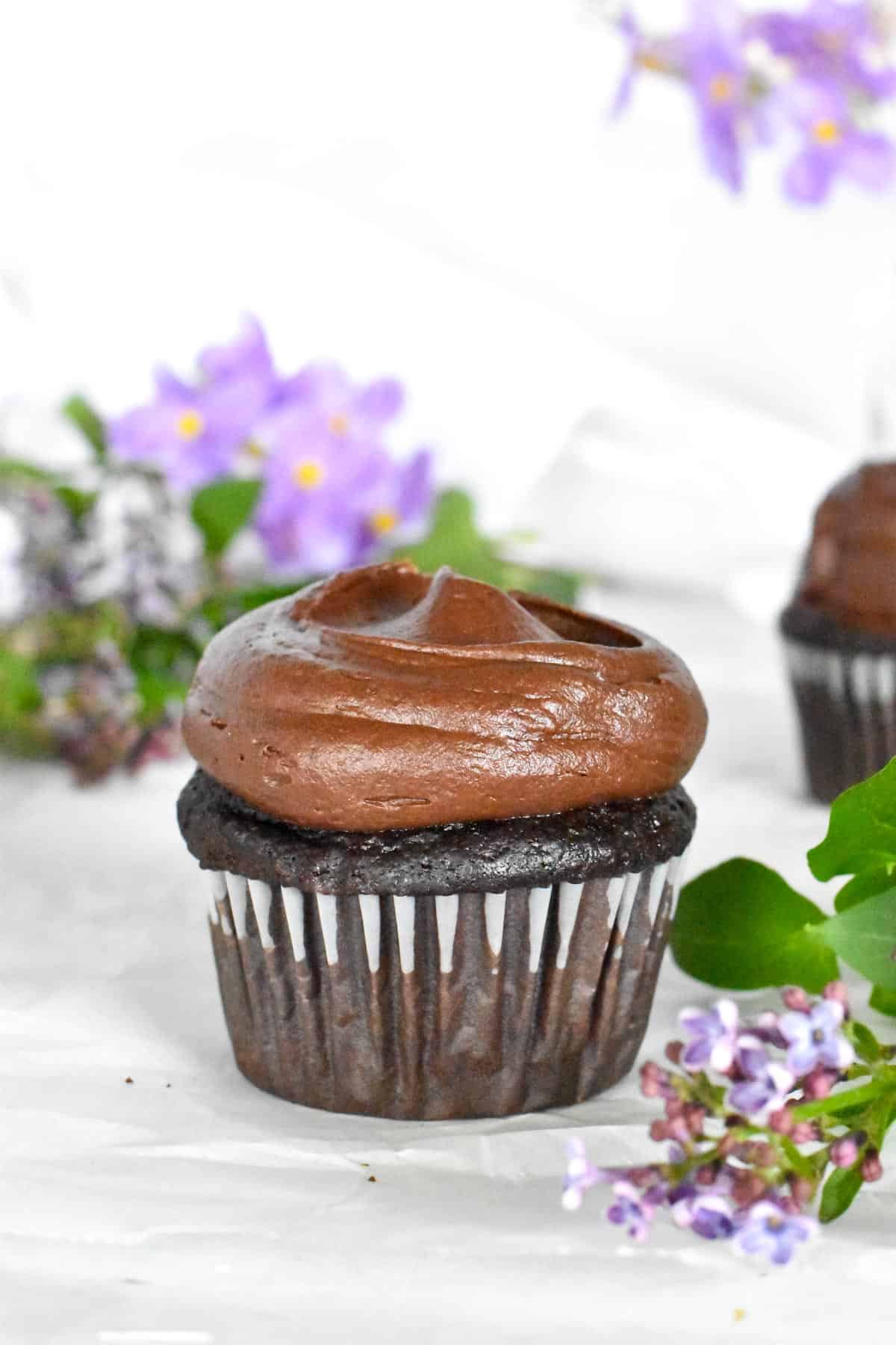 chocolate cupcake with purple flowers in background.