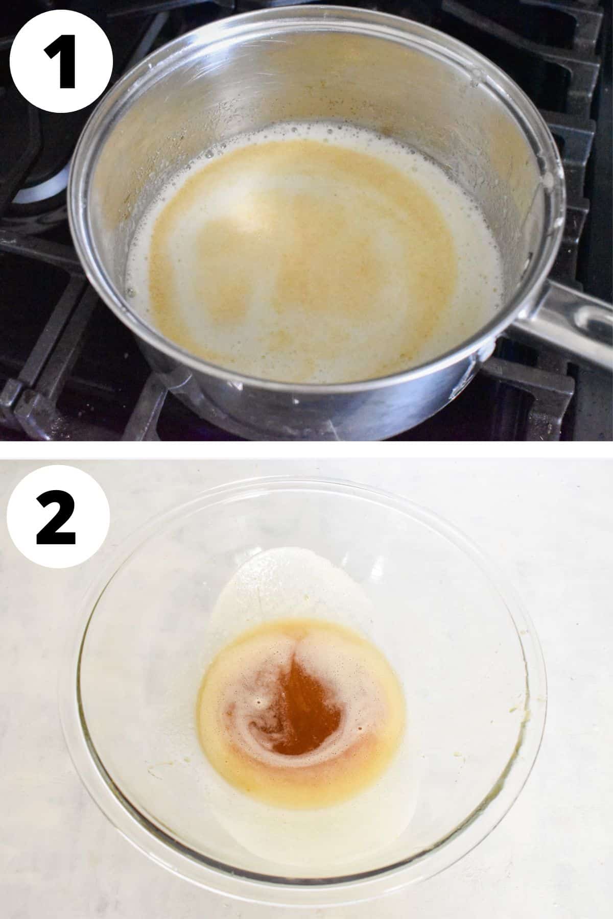 brown butter on stove and in glass mixing bowl.