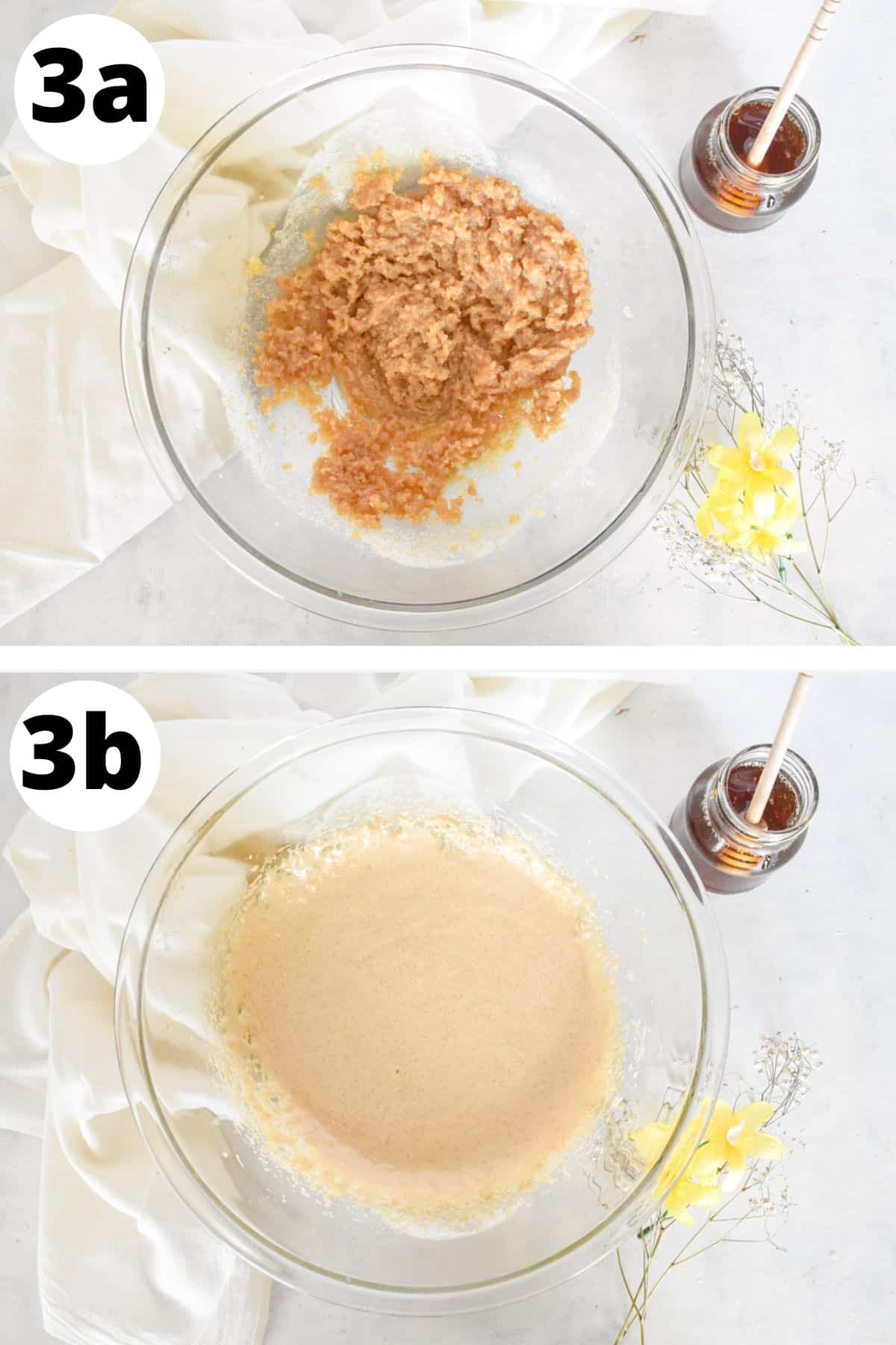 butter and sugars creamed together in mixing bowl.