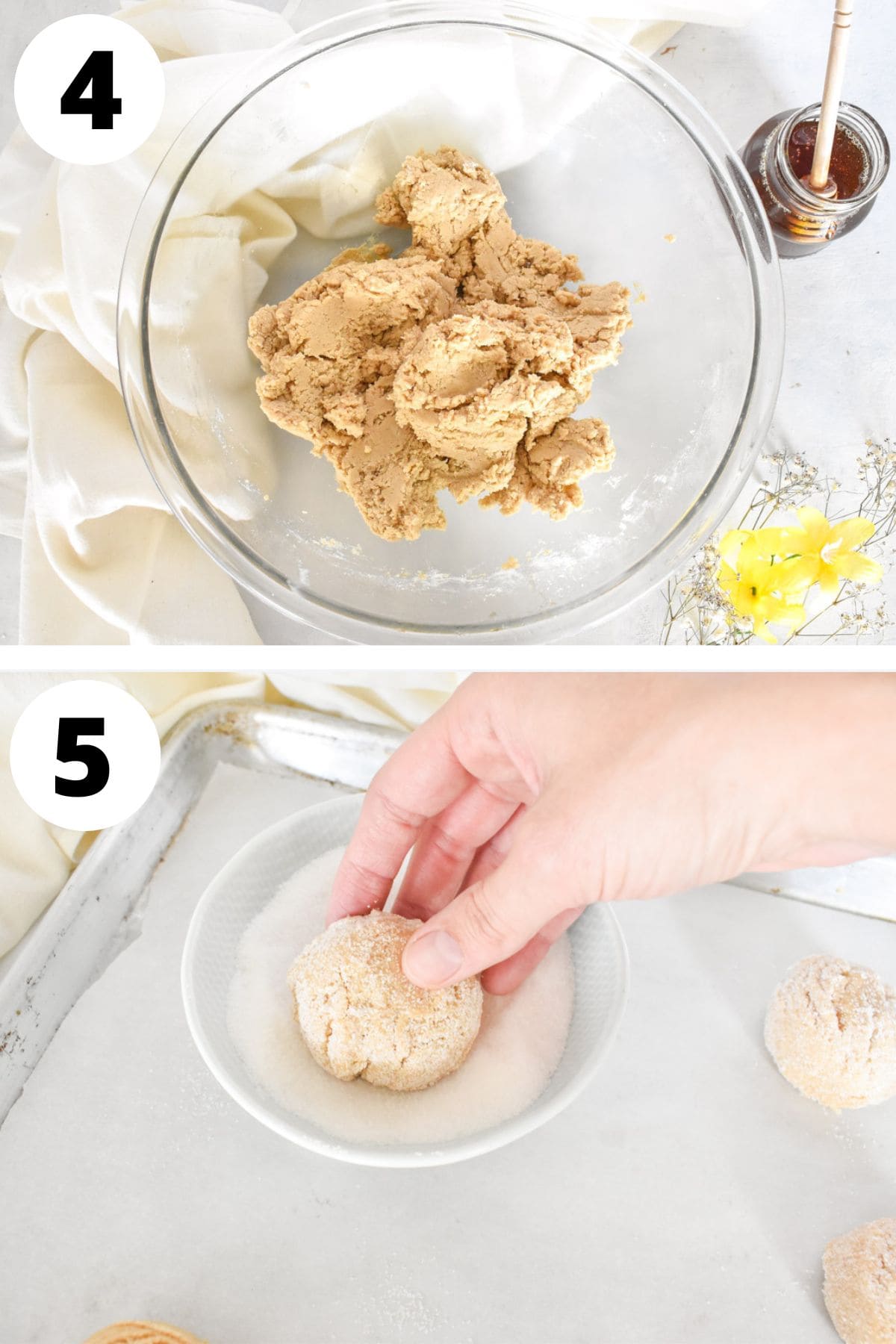 dough balls being rolled in sugar before baking.